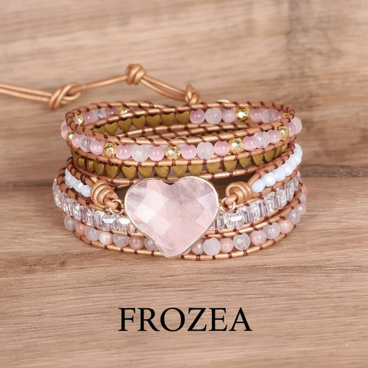 Rosenquarz Wickelarmband – Naturstein Multilayer Armband für Frauen & Männer | Herzchakra • Liebe • Heilstein