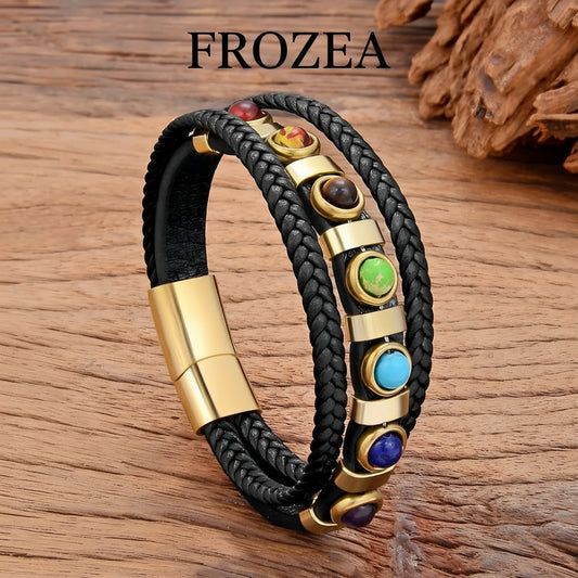 Chakra Armband – Handmade Multicolor Energy Beads mit geflochtenem Leder & Magnetverschluss