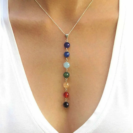 7-Chakra Schmuckset – Halskette mit Stein-Anhänger und Chakra-Perlen, Yoga-Healing & Balance, Maxi-Choker-Kette und Armband für Damen